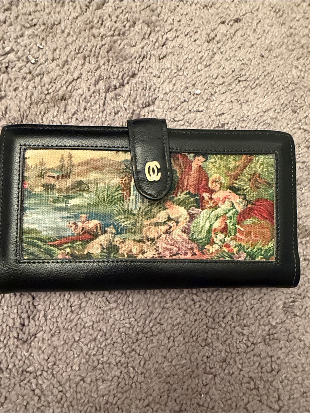 Vintage Black Leather Oleg Cassini Wallet with Tapestry Panel